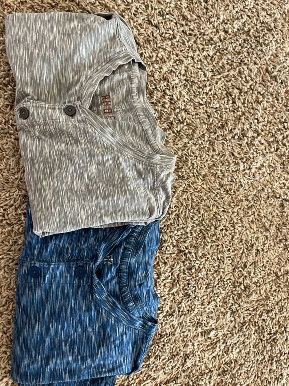 RHONE Men's Heather Gray and Heather Blue Henley long sleeve.